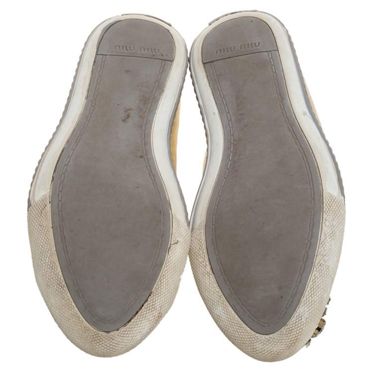 Pre Owned Miu Miu Gold Leather Crystal Embellished Cap Toe Sneakers Size 38