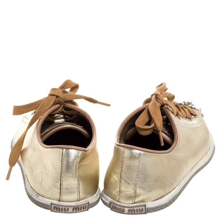 Pre Owned Miu Miu Gold Leather Crystal Embellished Cap Toe Sneakers Size 38