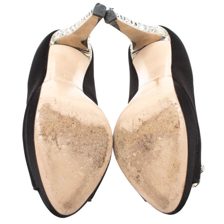 Pre Owned Miu Miu Black Satin Crystal Embellished Heel Peep Toe Platform Pumps Size 39