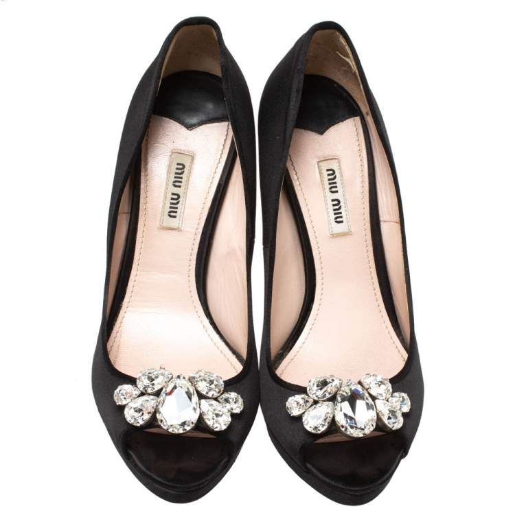 Pre Owned Miu Miu Black Satin Crystal Embellished Heel Peep Toe Platform Pumps Size 39