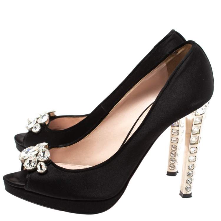 Pre Owned Miu Miu Black Satin Crystal Embellished Heel Peep Toe Platform Pumps Size 39