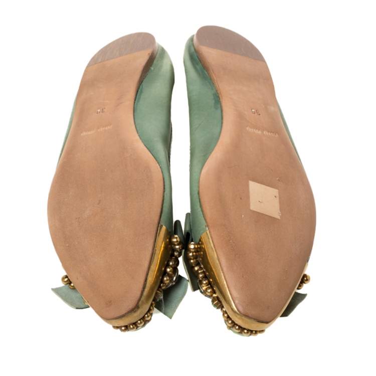 Pre Owned Miu Miu Green Leather Crystal, Bead And Bow Embellished Cap Toe Ballet Flats Size 38