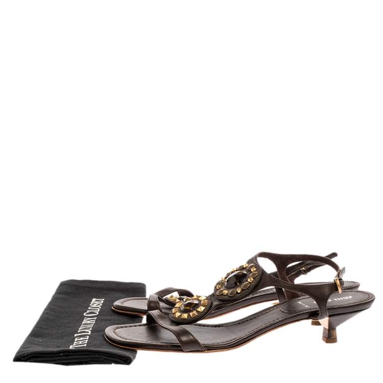 Pre Owned Miu Miu Dark Brown Leather Crystal And Stud Embellished Slingback Sandals Size 40.5