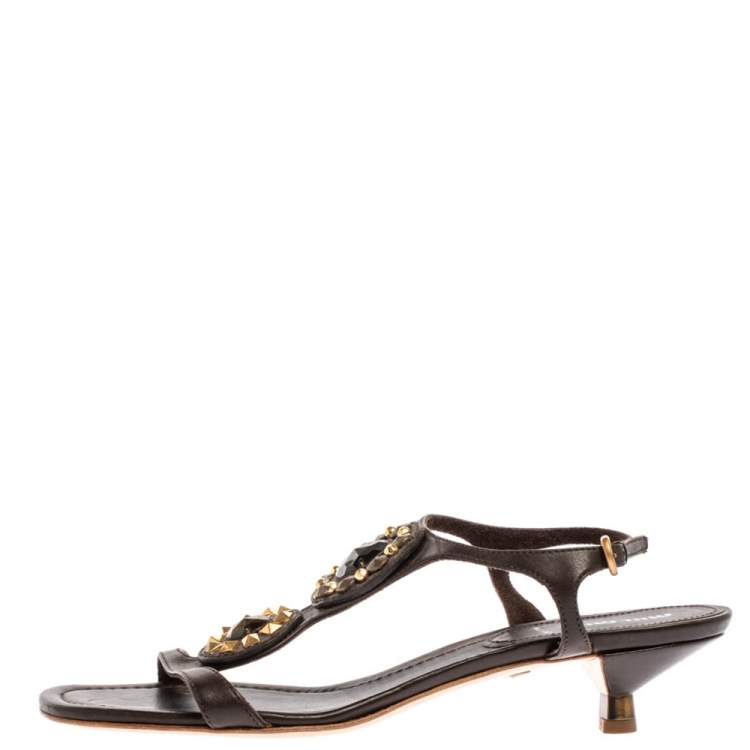 Pre Owned Miu Miu Dark Brown Leather Crystal And Stud Embellished Slingback Sandals Size 40.5