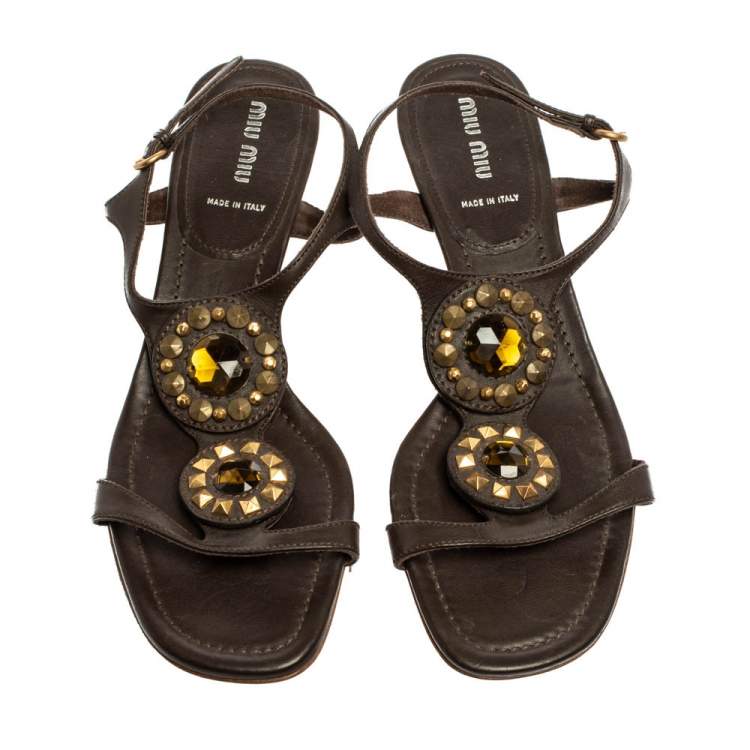 Pre Owned Miu Miu Dark Brown Leather Crystal And Stud Embellished Slingback Sandals Size 40.5