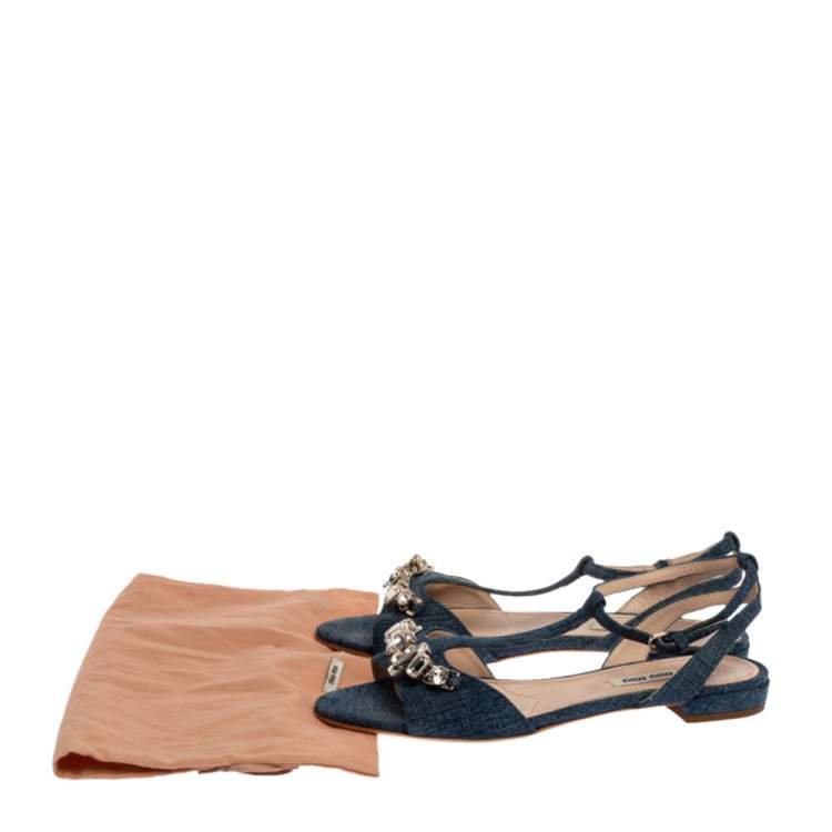 Pre Owned Miu Miu Blue Denim Crystal Embellished Ankle Strap Flats Size 37.5