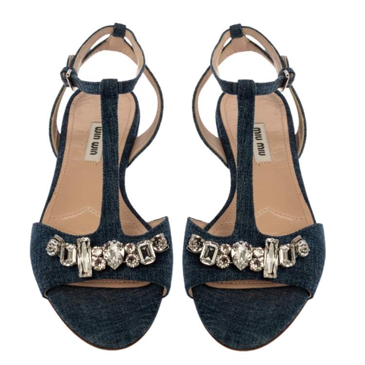 Pre Owned Miu Miu Blue Denim Crystal Embellished Ankle Strap Flats Size 37.5