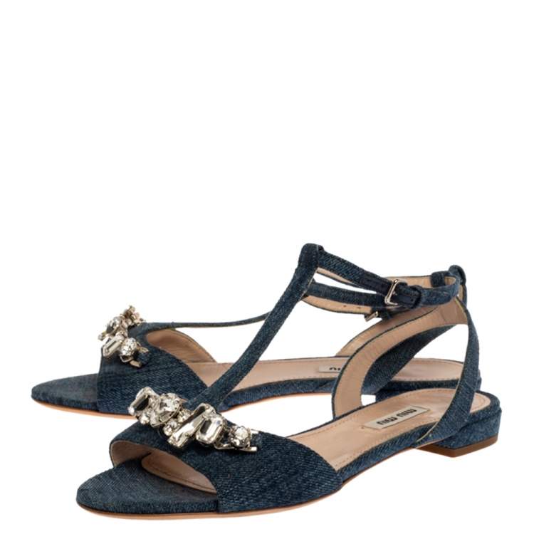 Pre Owned Miu Miu Blue Denim Crystal Embellished Ankle Strap Flats Size 37.5