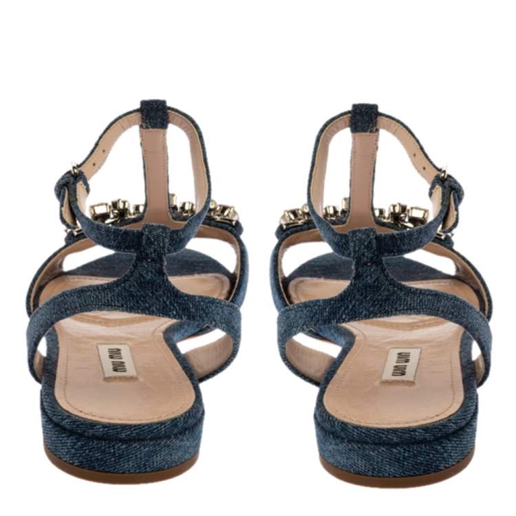 Pre Owned Miu Miu Blue Denim Crystal Embellished Ankle Strap Flats Size 37.5