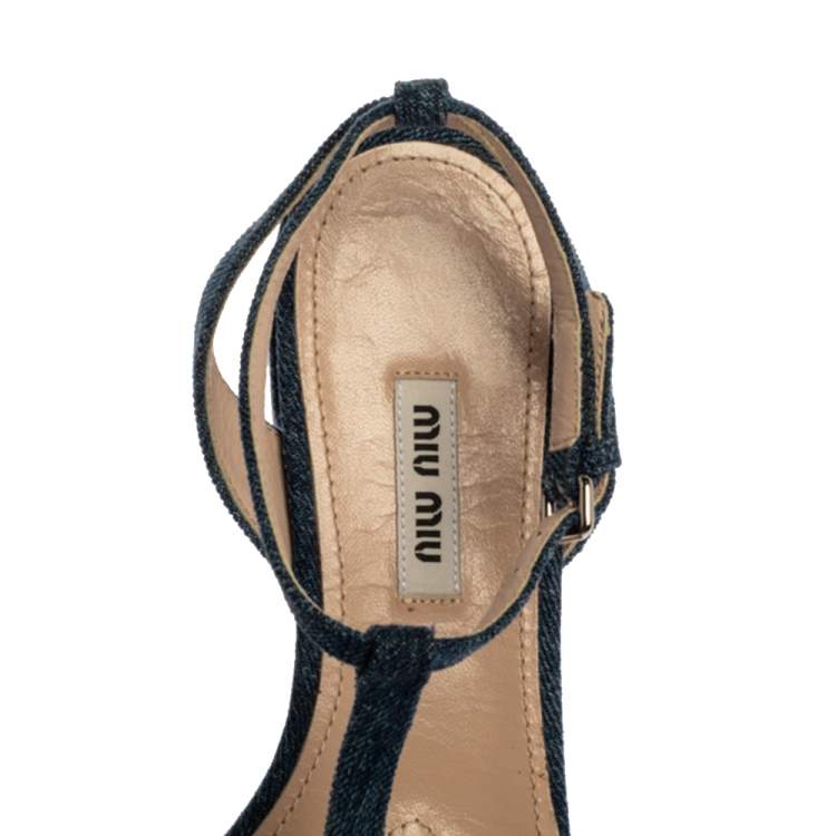 Pre Owned Miu Miu Blue Denim Crystal Embellished Ankle Strap Flats Size 37.5