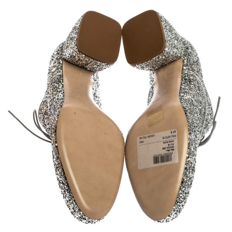 Pre Owned Miu Miu Metallic Silver Glitter Block Heel Lace Up Ankle Boots 37.5