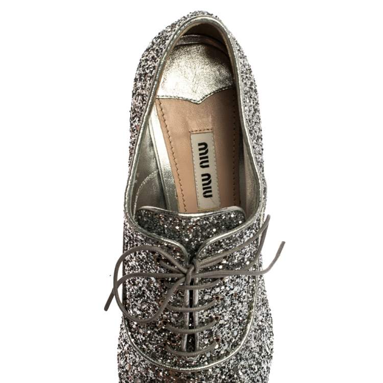 Pre Owned Miu Miu Metallic Silver Glitter Block Heel Lace Up Ankle Boots 37.5