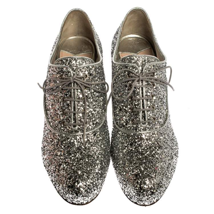 Pre Owned Miu Miu Metallic Silver Glitter Block Heel Lace Up Ankle Boots 37.5