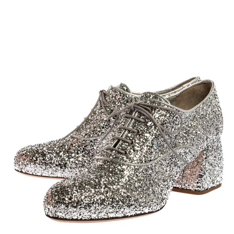 Pre Owned Miu Miu Metallic Silver Glitter Block Heel Lace Up Ankle Boots 37.5
