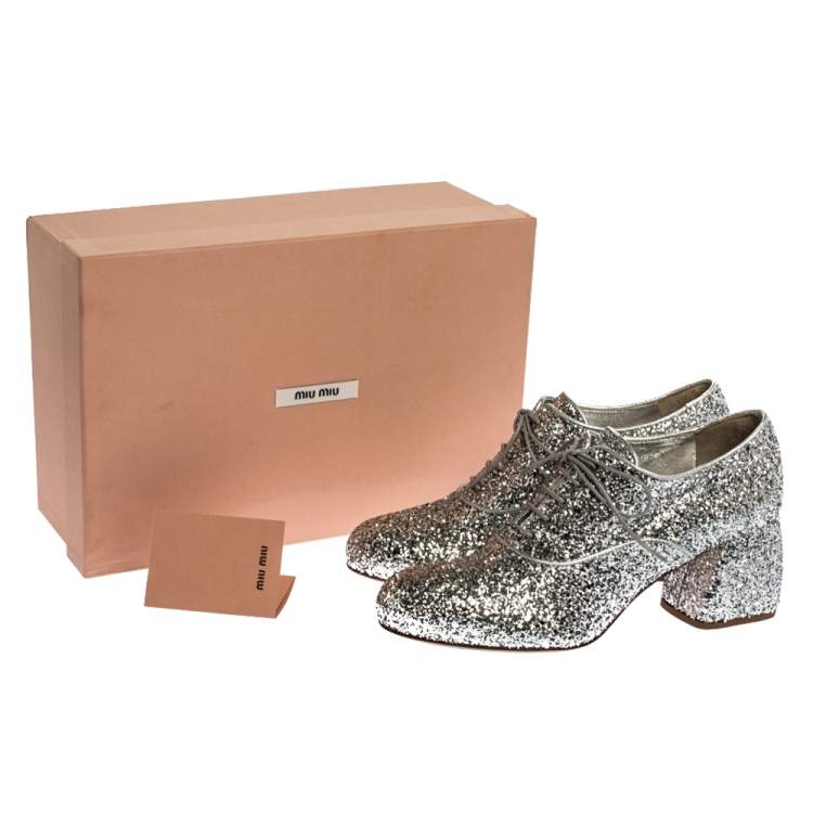 Pre Owned Miu Miu Metallic Silver Glitter Block Heel Lace Up Ankle Boots 37.5