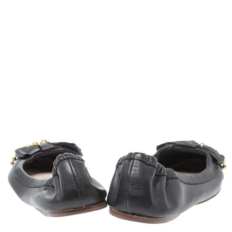 Pre Owned Miu Miu Black Leather Crystal, Bead And Bow Embellished Cap Toe Ballet Flats Size 40