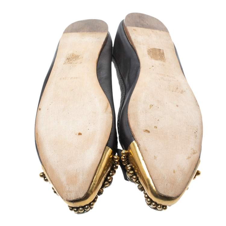 Pre Owned Miu Miu Black Leather Crystal, Bead And Bow Embellished Cap Toe Ballet Flats Size 40