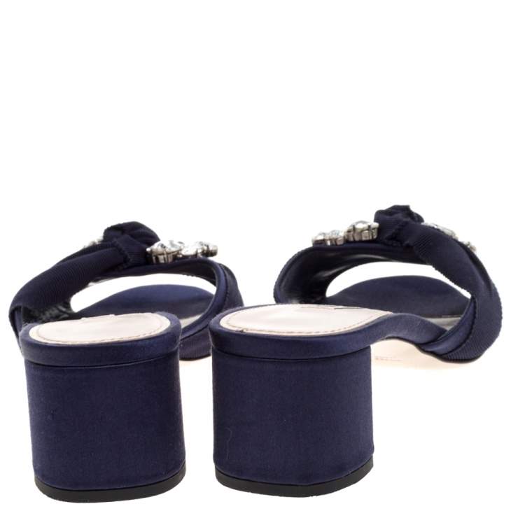 Pre Owned Miu Miu Blue Satin And Canvas Knot Crystal Embellished Slide Sandals Size 38.5