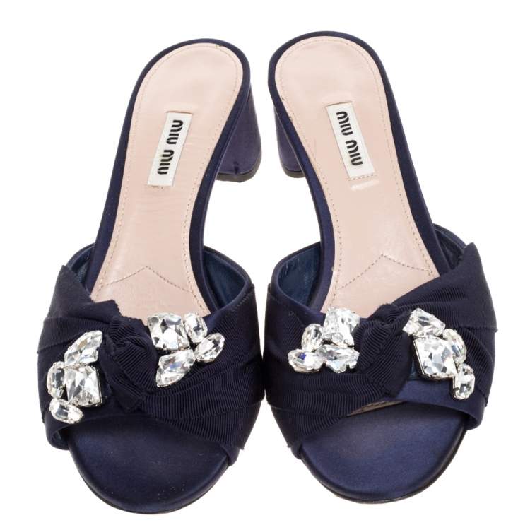 Pre Owned Miu Miu Blue Satin And Canvas Knot Crystal Embellished Slide Sandals Size 38.5