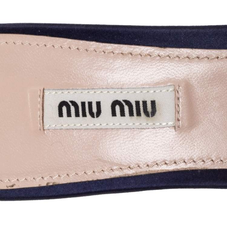 Pre Owned Miu Miu Blue Satin And Canvas Knot Crystal Embellished Slide Sandals Size 38.5