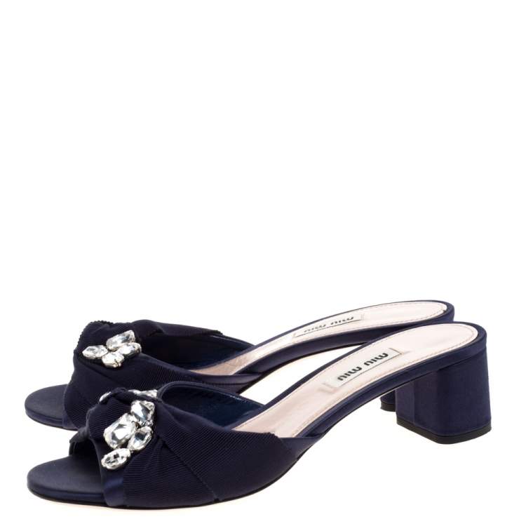 Pre Owned Miu Miu Blue Satin And Canvas Knot Crystal Embellished Slide Sandals Size 38.5