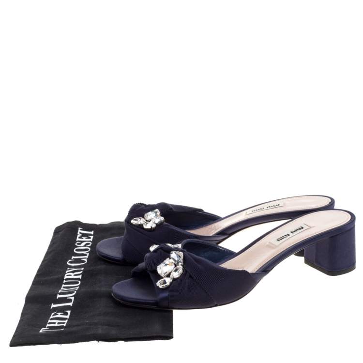 Pre Owned Miu Miu Blue Satin And Canvas Knot Crystal Embellished Slide Sandals Size 38.5