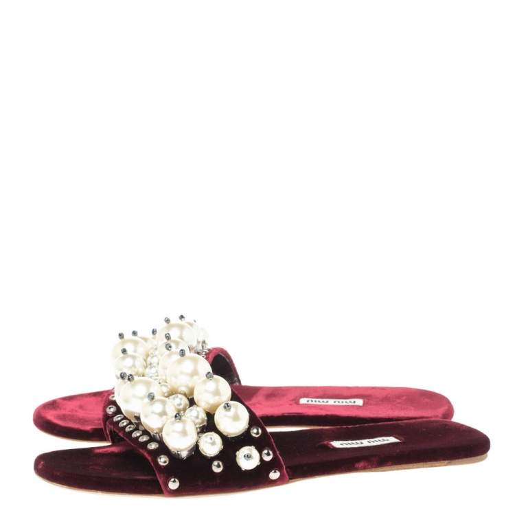 Pre Owned Miu Miu Burgundy Pearl Embellished Velvet Flat Slides Size 38