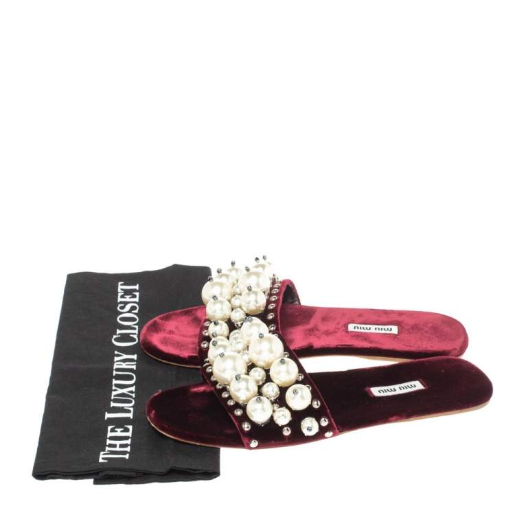 Pre Owned Miu Miu Burgundy Pearl Embellished Velvet Flat Slides Size 38