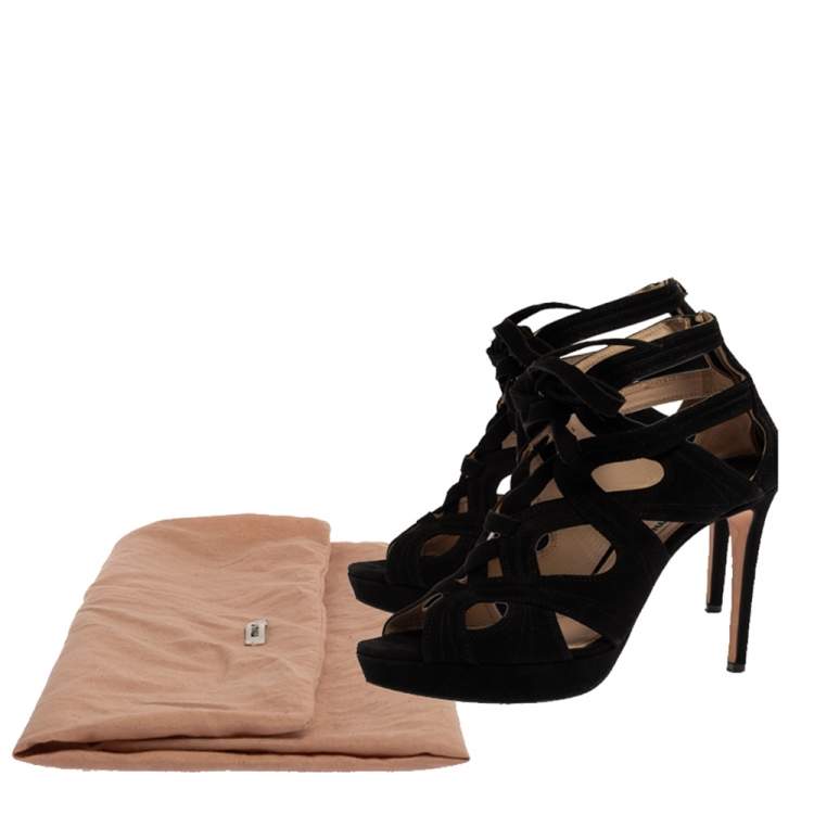 Pre Owned Miu Miu Black Suede Leather Strappy Platform Sandals Size 38