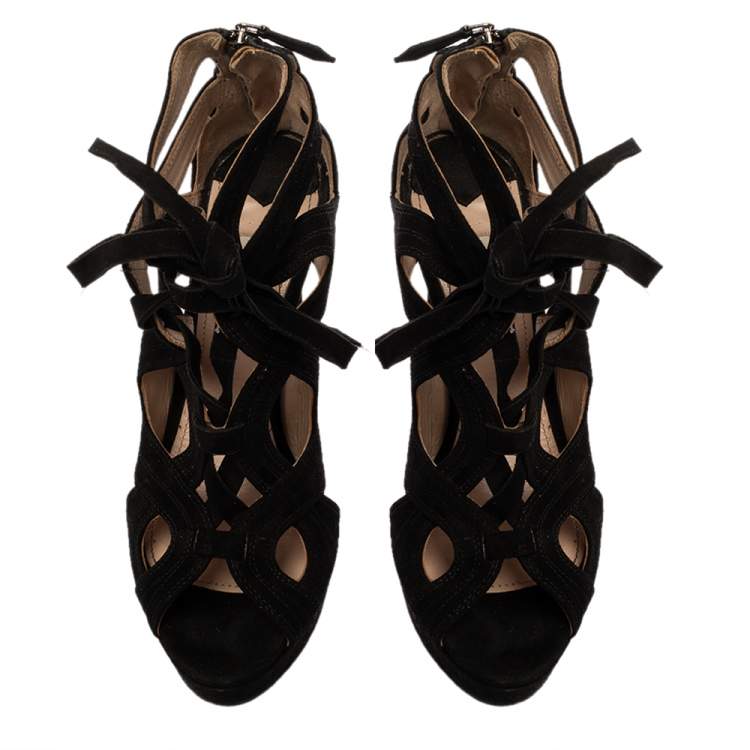 Pre Owned Miu Miu Black Suede Leather Strappy Platform Sandals Size 38