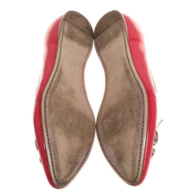 Pre Owned Miu Miu Orange Patent Leather Crystal And Bow Embellished Ballet Flat Size 39