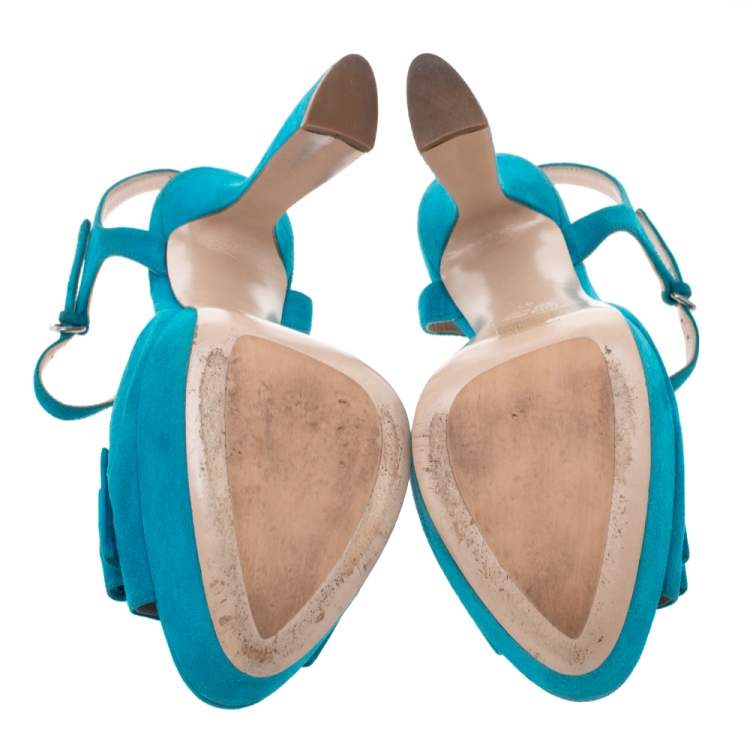 مملوكة مسبقًا Miu Miu Blue Suede Bow Ankle Strap Platform Sandals Size 41