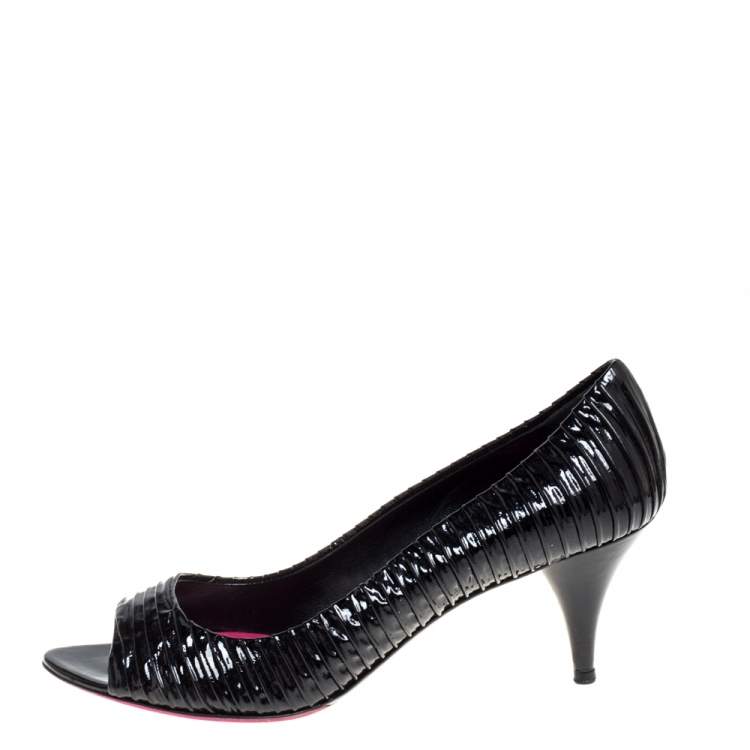 Pre Owned Miu Miu Black Ruched Patent Leather Peep Toe Pumps Size 39