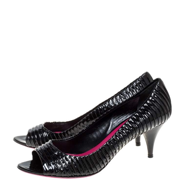 Pre Owned Miu Miu Black Ruched Patent Leather Peep Toe Pumps Size 39