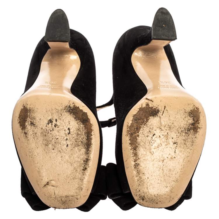 Pre Owned Miu Miu Black Suede Bow T-Strap Ankle Strap Sandals Size 36.5