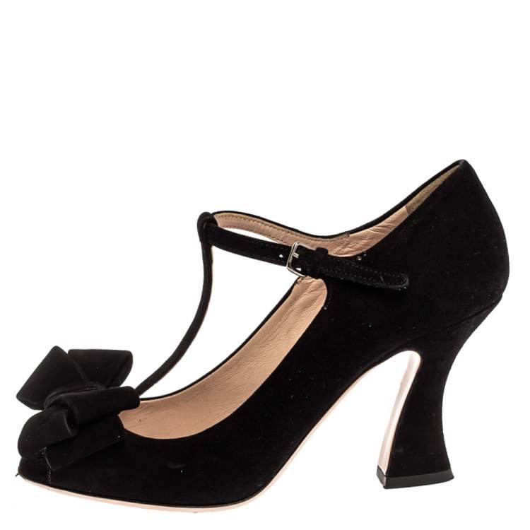 Pre Owned Miu Miu Black Suede Bow T-Strap Ankle Strap Sandals Size 36.5
