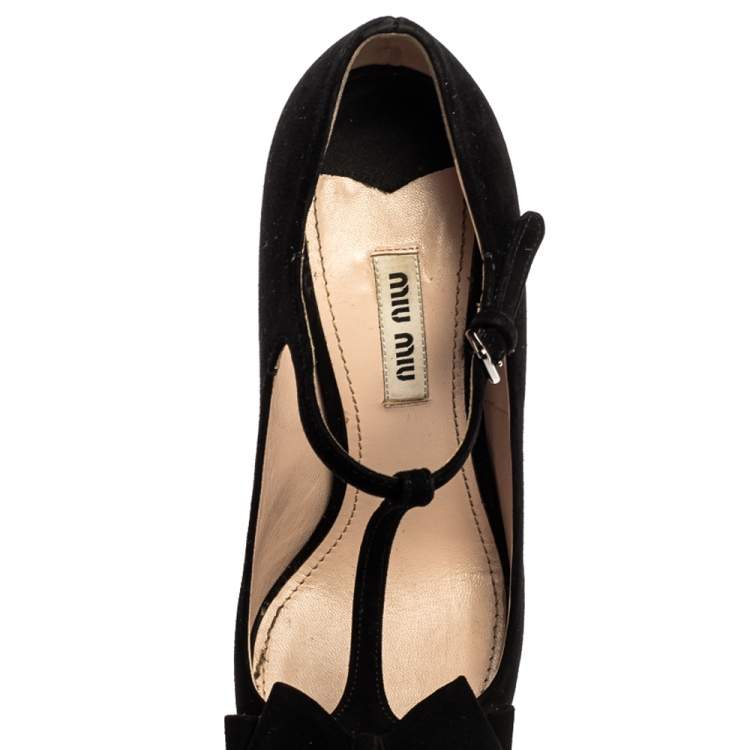 Pre Owned Miu Miu Black Suede Bow T-Strap Ankle Strap Sandals Size 36.5