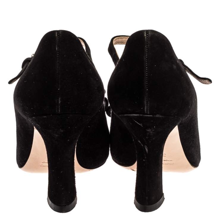 Pre Owned Miu Miu Black Suede Bow T-Strap Ankle Strap Sandals Size 36.5