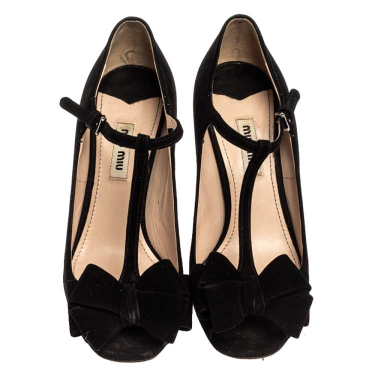 Pre Owned Miu Miu Black Suede Bow T-Strap Ankle Strap Sandals Size 36.5