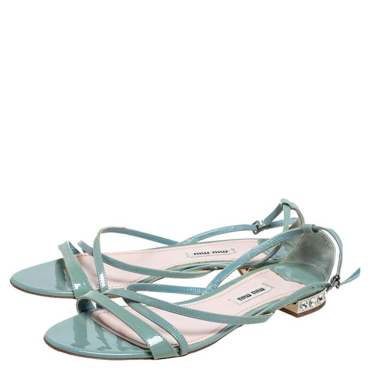 Pre Owned Miu Miu Tale Green Patent Leather Embellished Criss Cross Open Toe Strap Flats Size 39