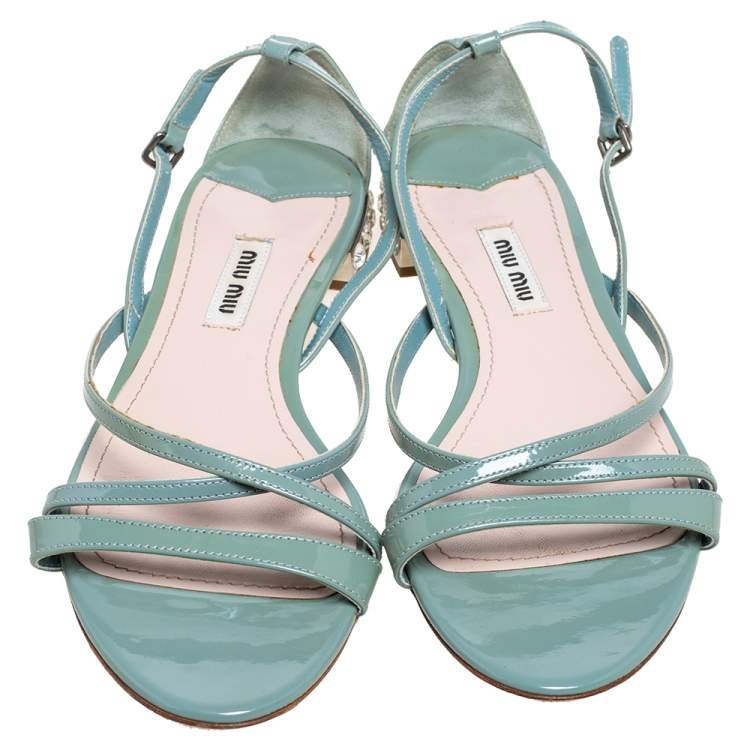 Pre Owned Miu Miu Tale Green Patent Leather Embellished Criss Cross Open Toe Strap Flats Size 39