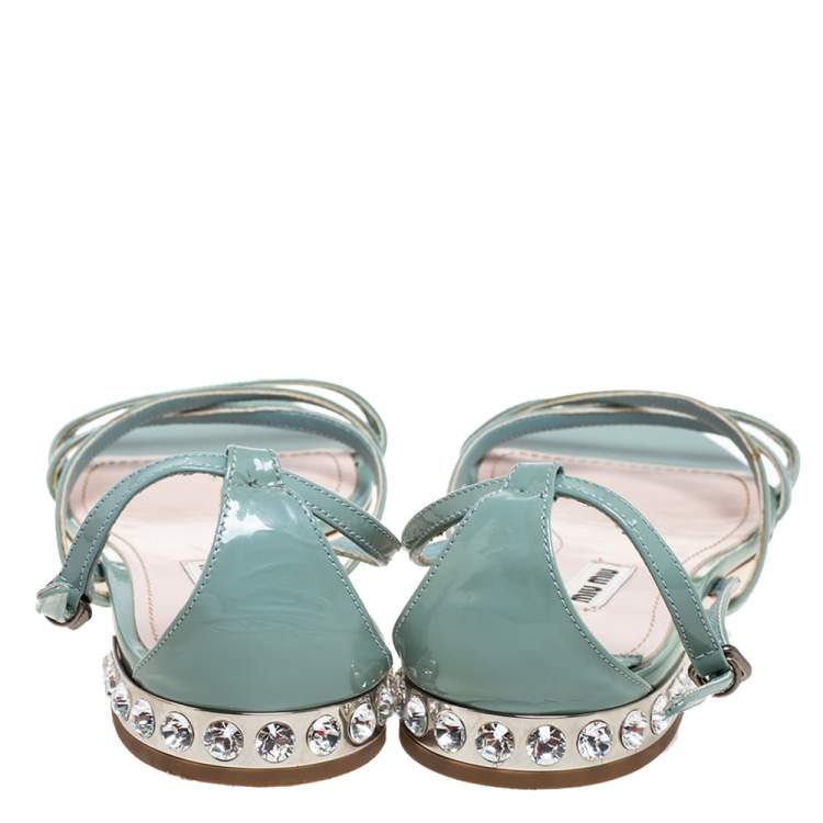 Pre Owned Miu Miu Tale Green Patent Leather Embellished Criss Cross Open Toe Strap Flats Size 39