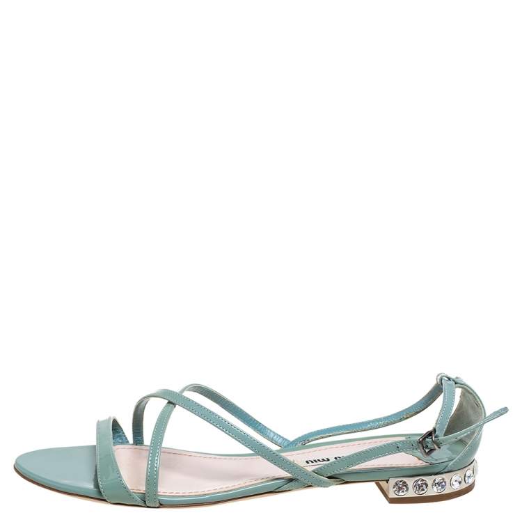 Pre Owned Miu Miu Tale Green Patent Leather Embellished Criss Cross Open Toe Strap Flats Size 39