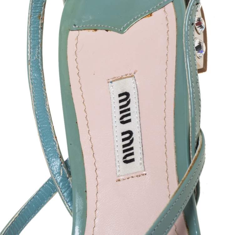 Pre Owned Miu Miu Tale Green Patent Leather Embellished Criss Cross Open Toe Strap Flats Size 39