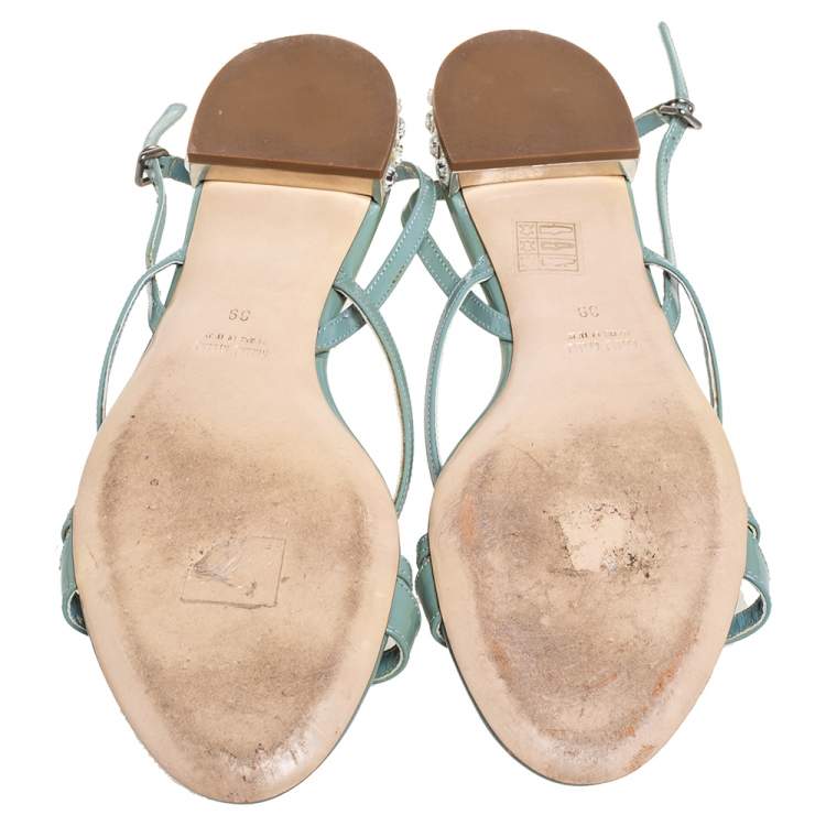 Pre Owned Miu Miu Tale Green Patent Leather Embellished Criss Cross Open Toe Strap Flats Size 39