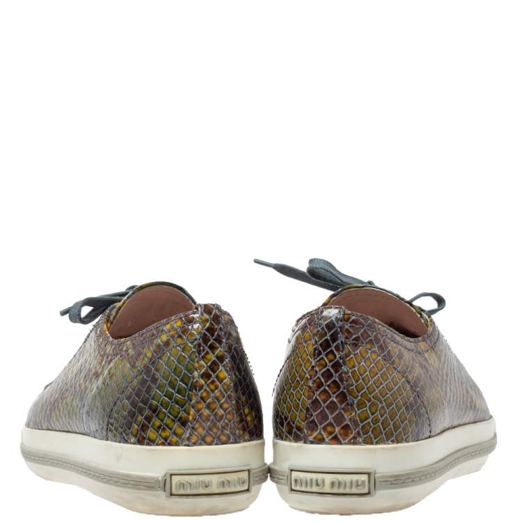 Pre Owned Miu Miu Green Python Print Glossy Leather Studded Cap Toe Sneakers Size 40