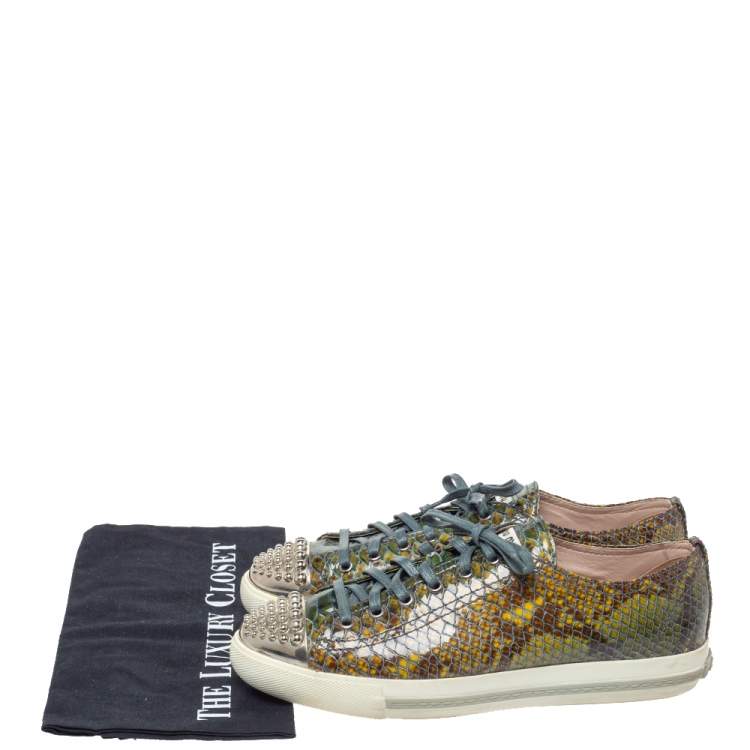 Pre Owned Miu Miu Green Python Print Glossy Leather Studded Cap Toe Sneakers Size 40