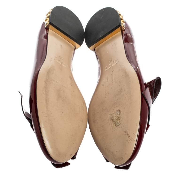 Pre Owned Miu Miu Burgundy Patent Leather Crystal Embellished Heel Bow Slip On Loafers Size 39