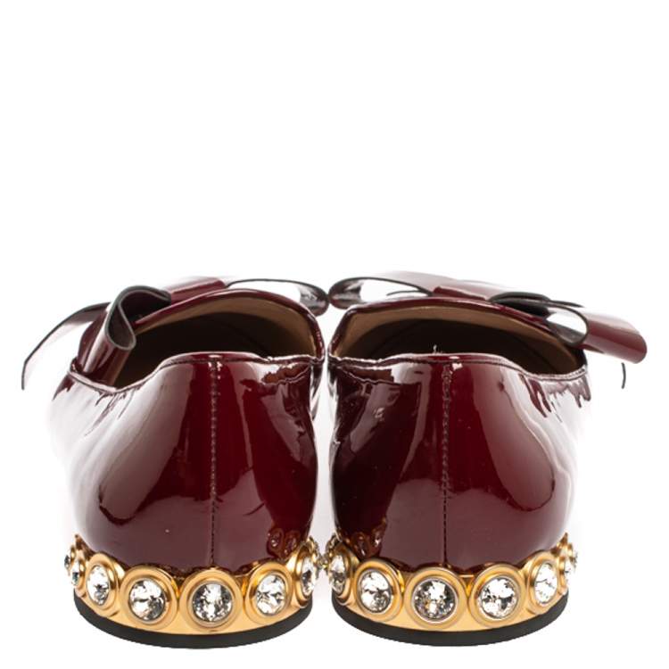Pre Owned Miu Miu Burgundy Patent Leather Crystal Embellished Heel Bow Slip On Loafers Size 39