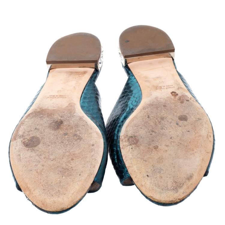 Pre Owned Miu Miu Metallic Teal Snakeskin Effect Leather Bow Detail Jeweled Heel Flat Slides Size 41